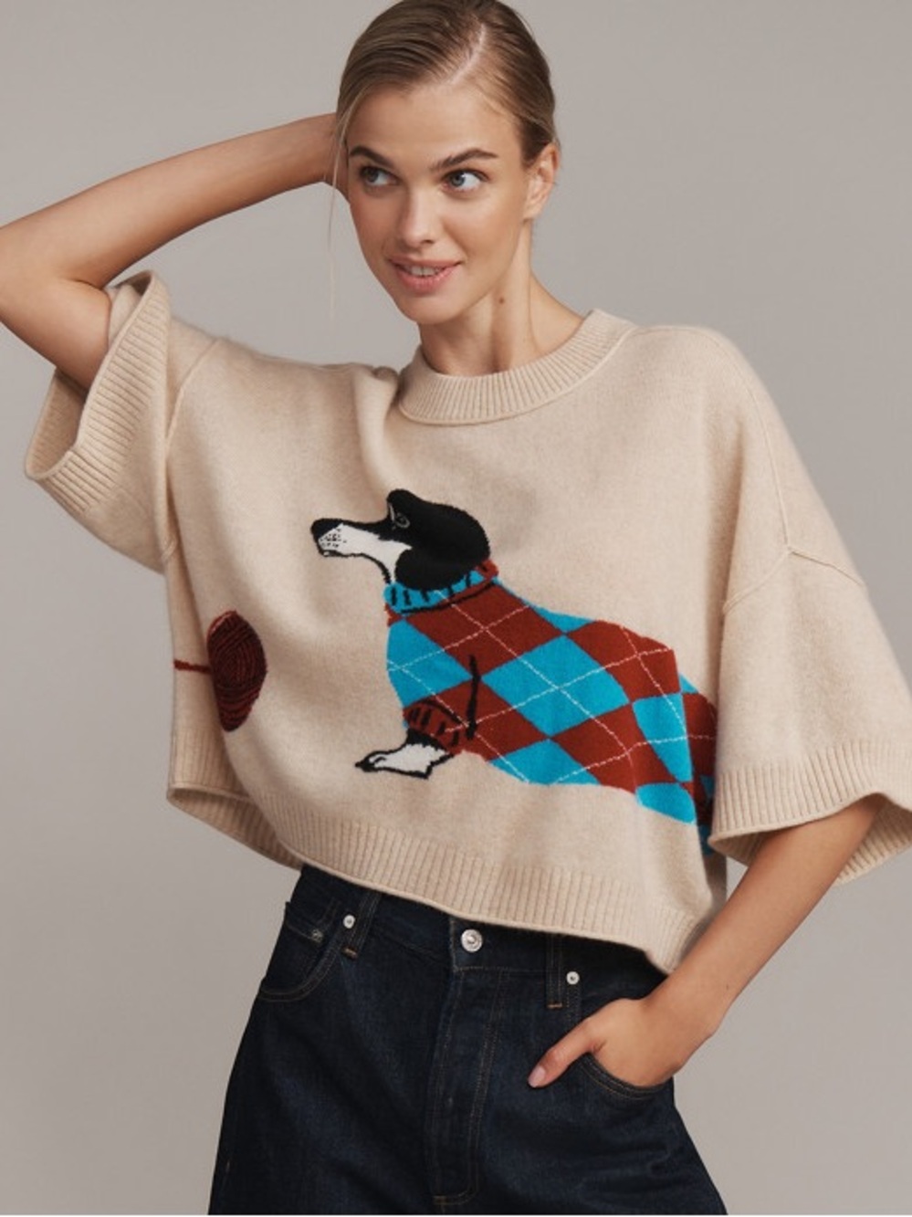 Anthropologie The Goldie Crew-Neck Cashmere Sweater Dachshund Size S